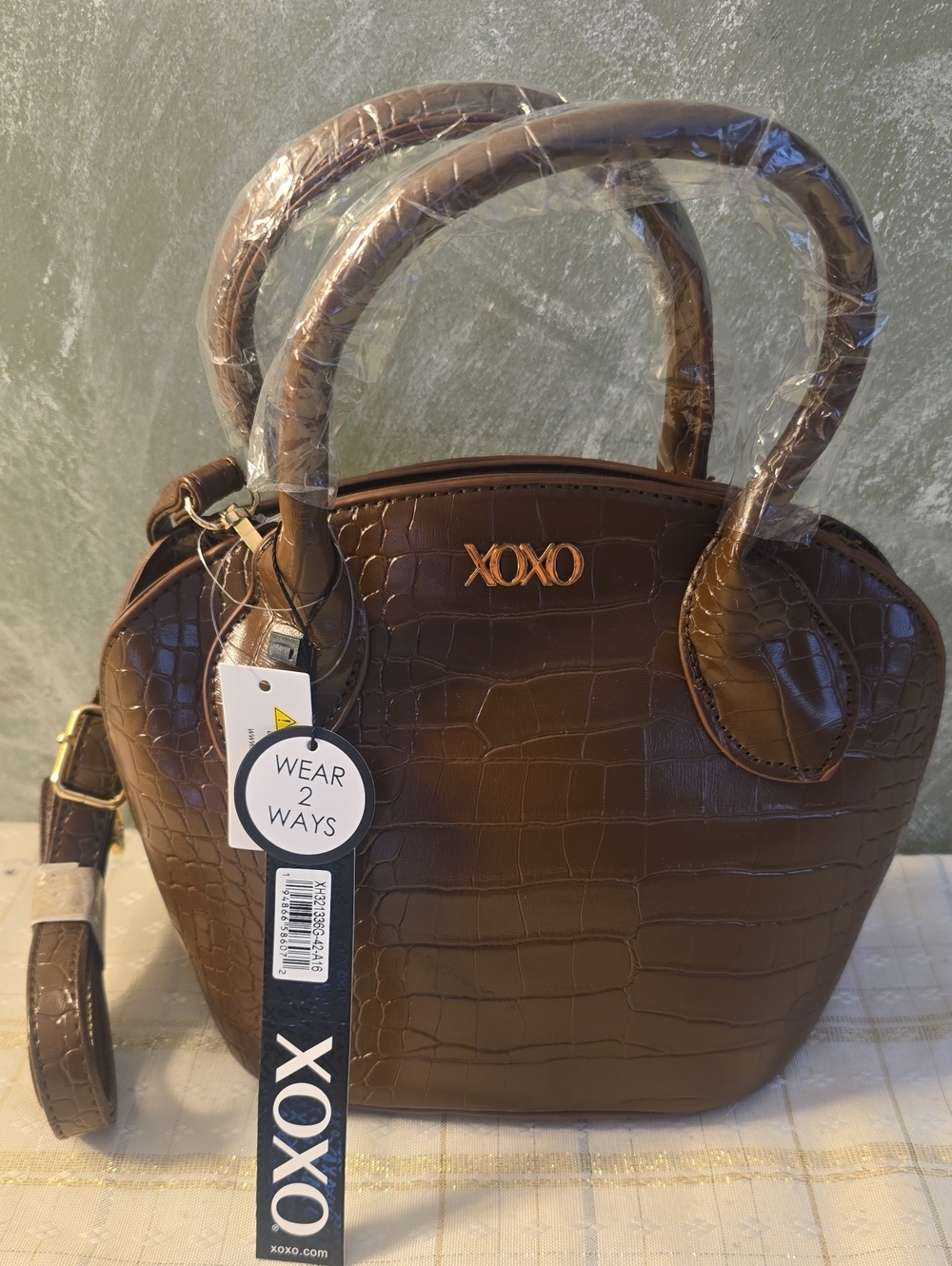 XOXO Brown Croc-Embossed Convertible Satchel, Crossbody Vegan Leather, New
